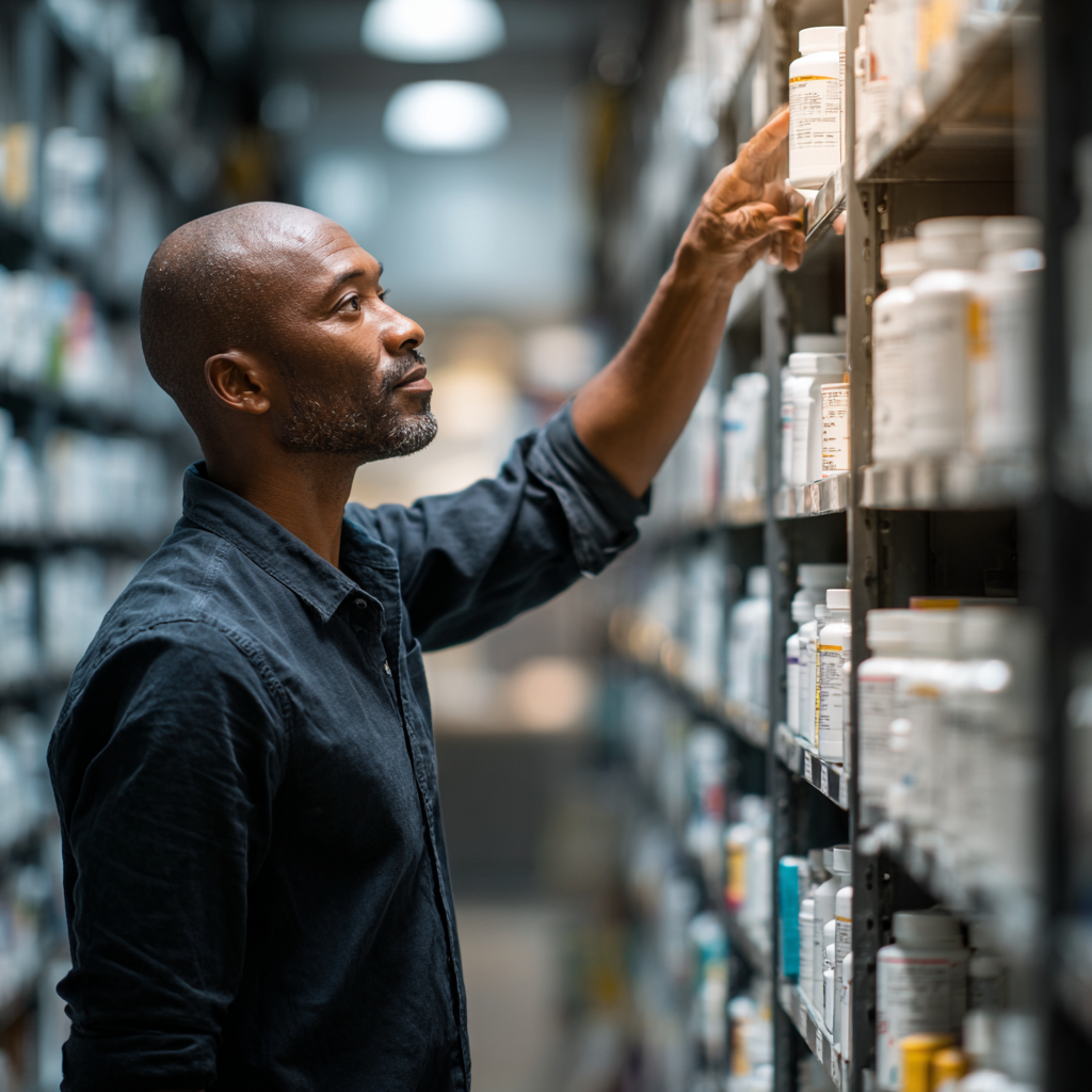 Professional pharmacy team consulting with customers