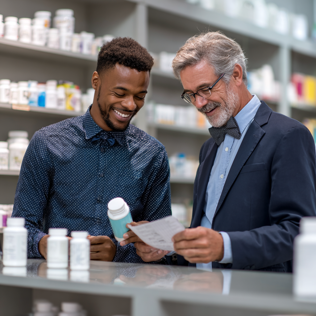 Professional pharmacy team consulting with customers